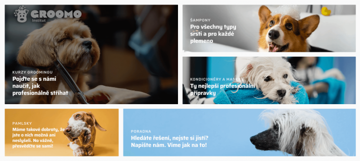GROOMO.cz - e-shop categories: shampoos, conditioners, treats, advice and grooming courses